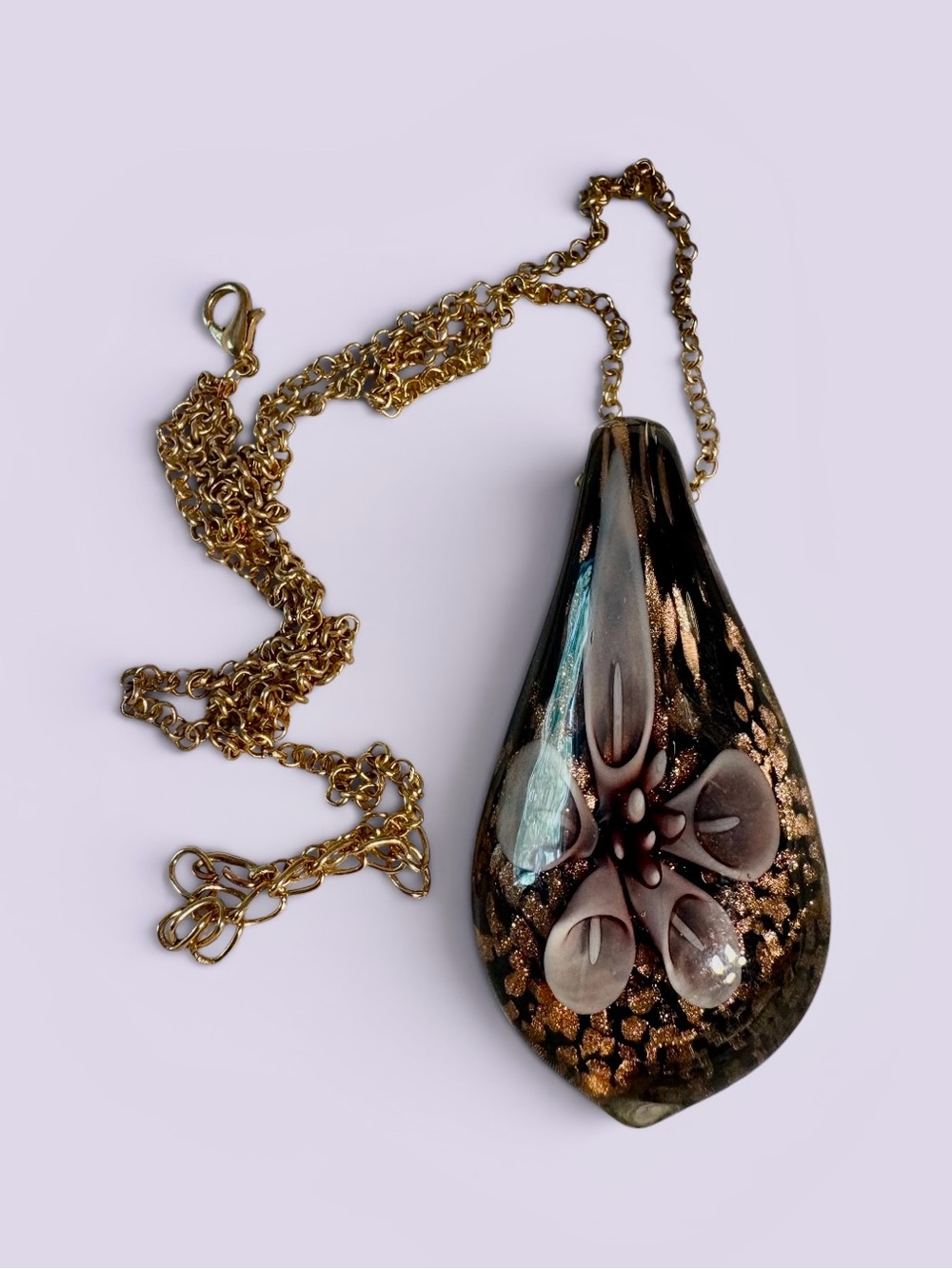 Vintage Murano Style Art Glass Pendant Necklace Lavender Flower & Gold 26" Chain